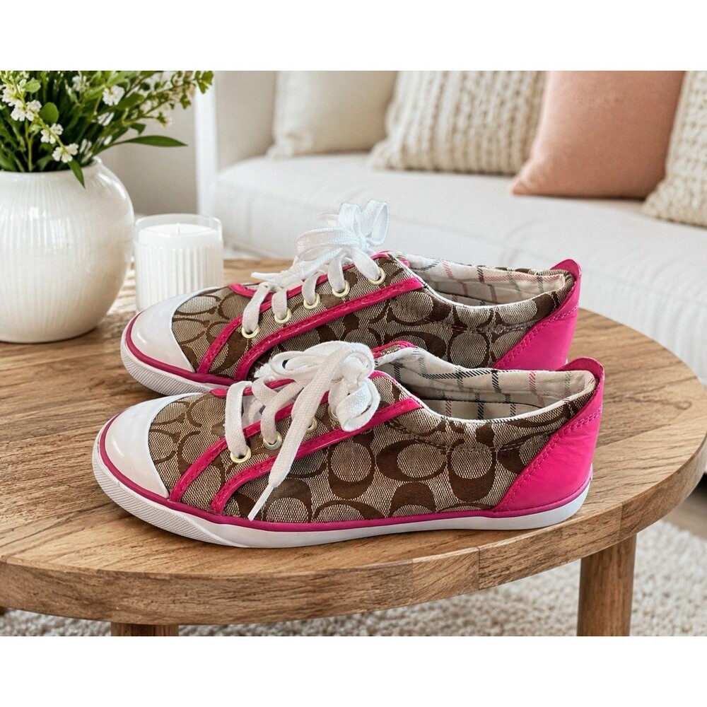 Coach Barrett Monogram Khaki Brown Pink Canvas Low Top Sneaker Tennis Shoe 7.5B - Picture 1 of 10